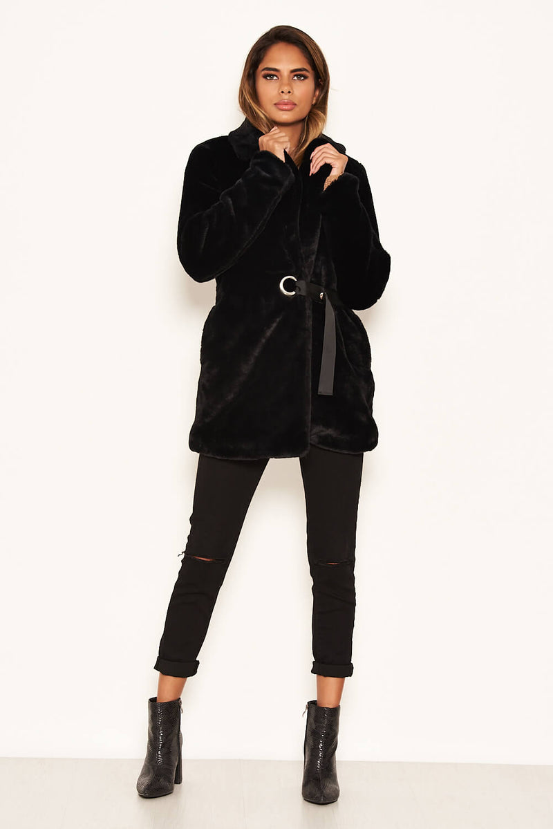 Black Faux Fur Circle Belted Coat