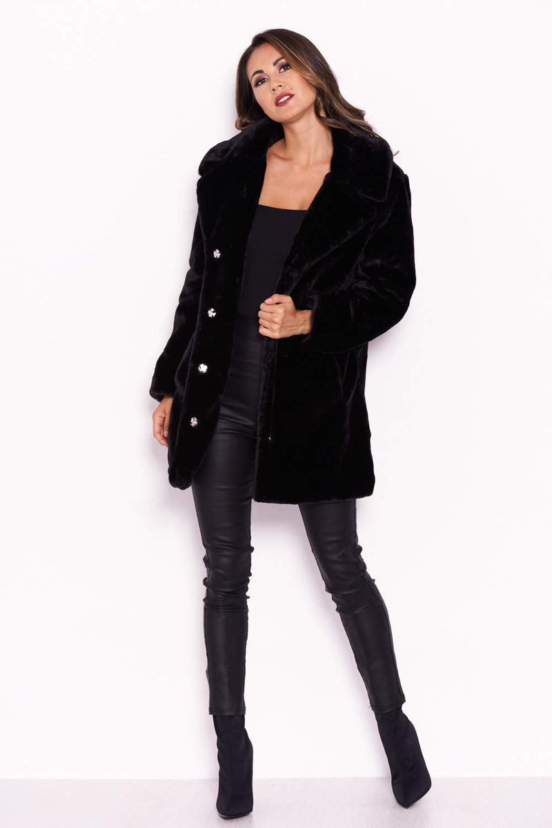 Black Faux Fur Coat With Collar