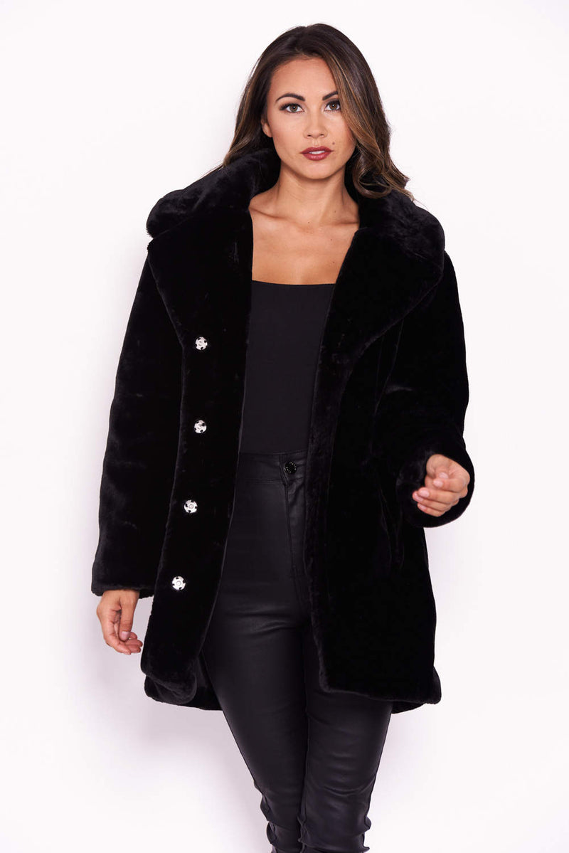 Black Faux Fur Coat With Collar