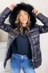 Black Faux Fur Wet Look Coat