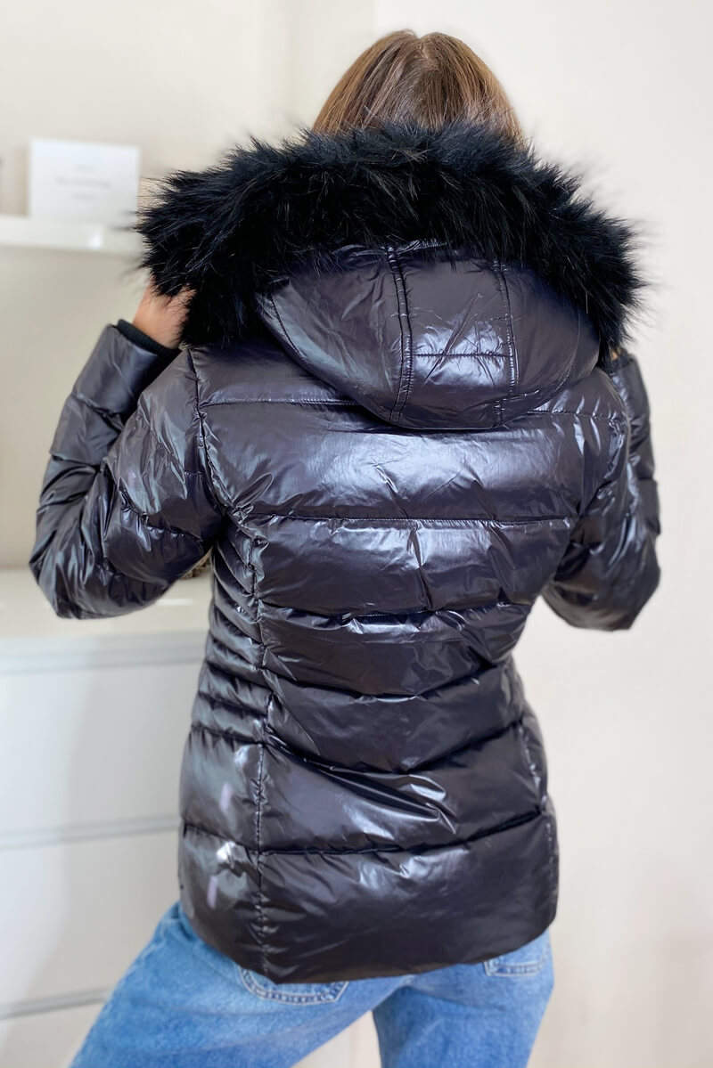 Black Faux Fur Wet Look Coat