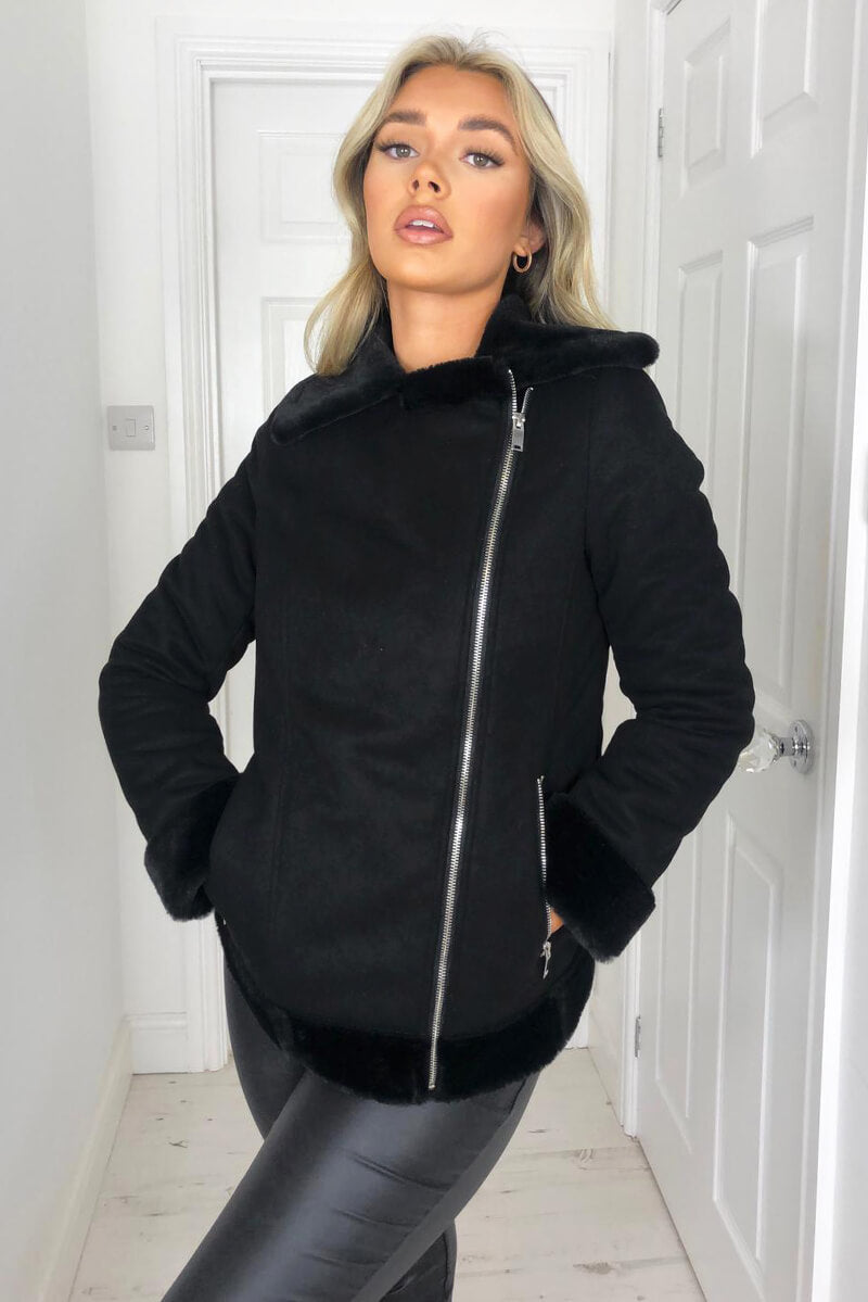 Black Faux Suede Aviator Jacket