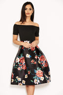 Black Floral 2 in 1 Skater Midi Dress