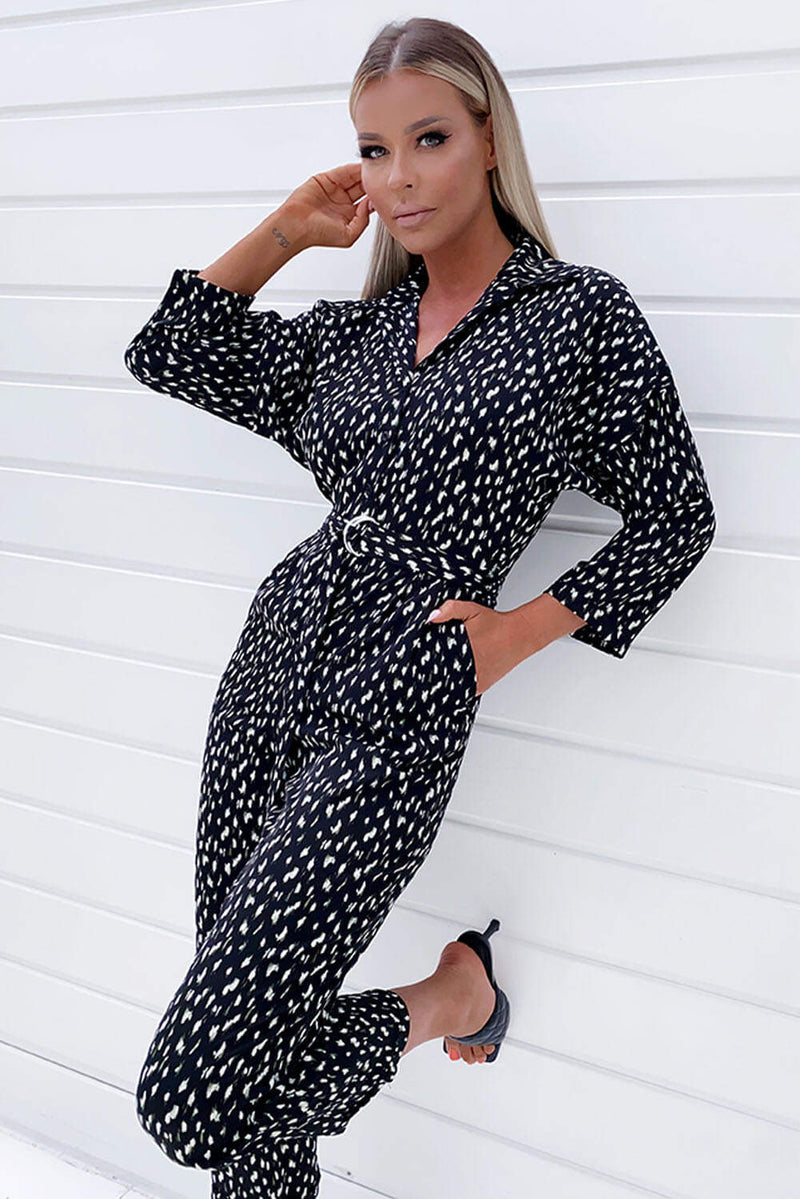 Black Floral Abstract Button Up Jumpsuit