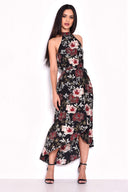 Black Floral Asymmetric Choker Neck Midi Dress