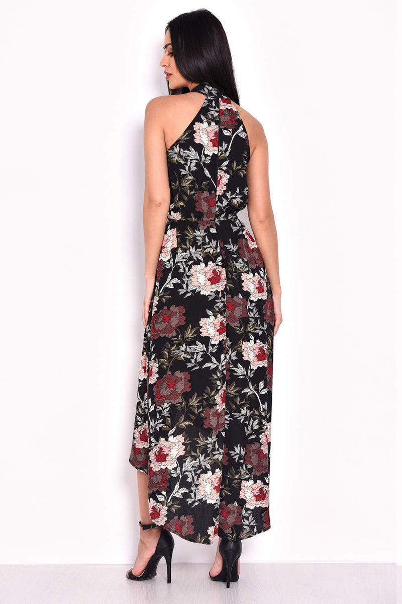 Black Floral Asymmetric Choker Neck Midi Dress