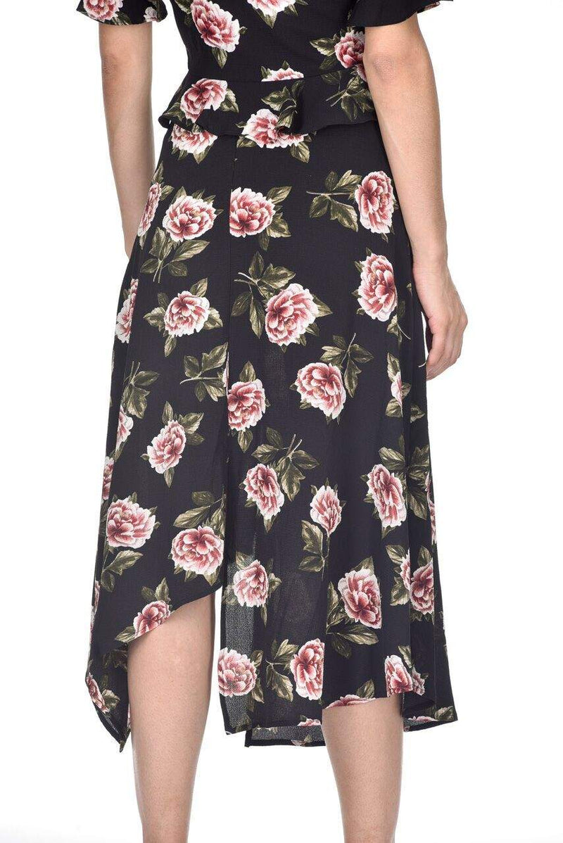 Black Floral Asymmetric Hem Skirt