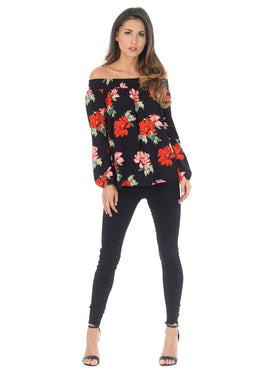Black Floral Bardot Top