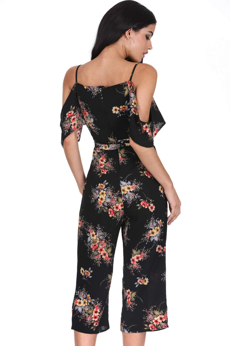 Black Floral Cold Shoulder Jumpsuit