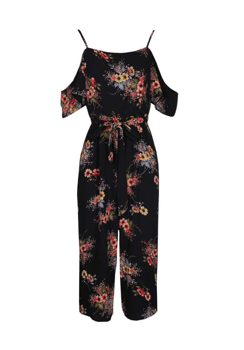 Black Floral Cold Shoulder Jumpsuit