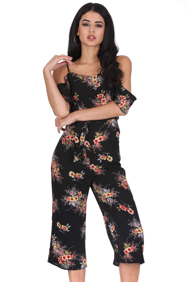 Black Floral Cold Shoulder Jumpsuit