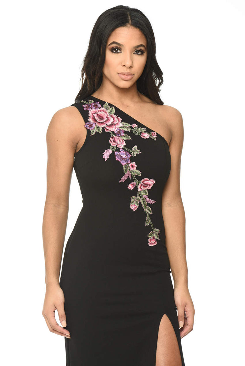 Black Floral Embroidered One Shoulder Maxi Dress AX Paris Black Floral Embroidered One Shoulder Maxi Dress AX Paris