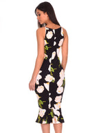 Black Floral Fishtail Hem Midi Dress