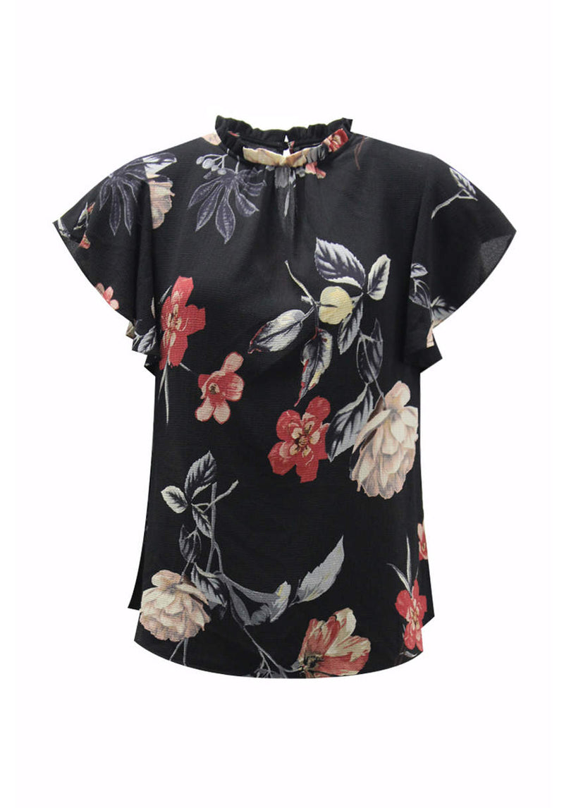 Black Floral Frill Floaty Top