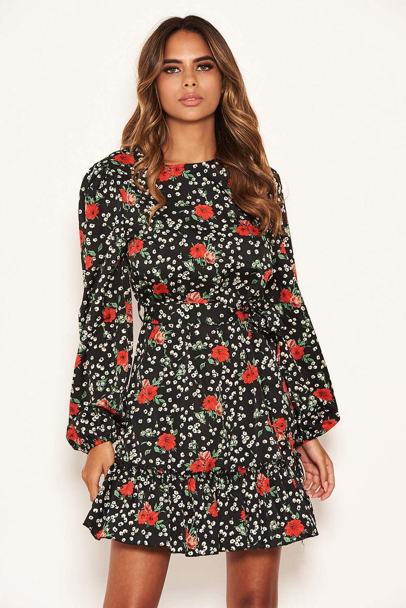 Black Floral Frill Hem Dress