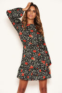 Black Floral Frill Hem Dress