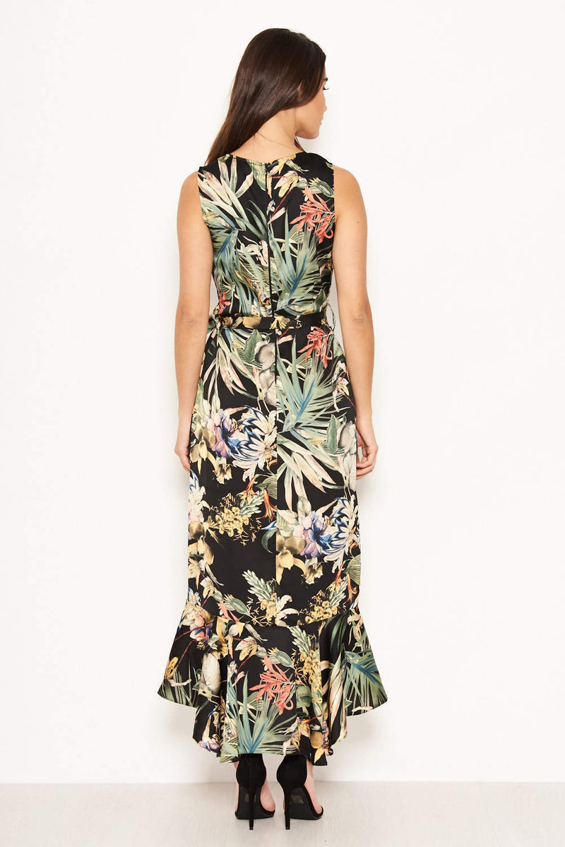 Black Floral Frill Maxi Dress