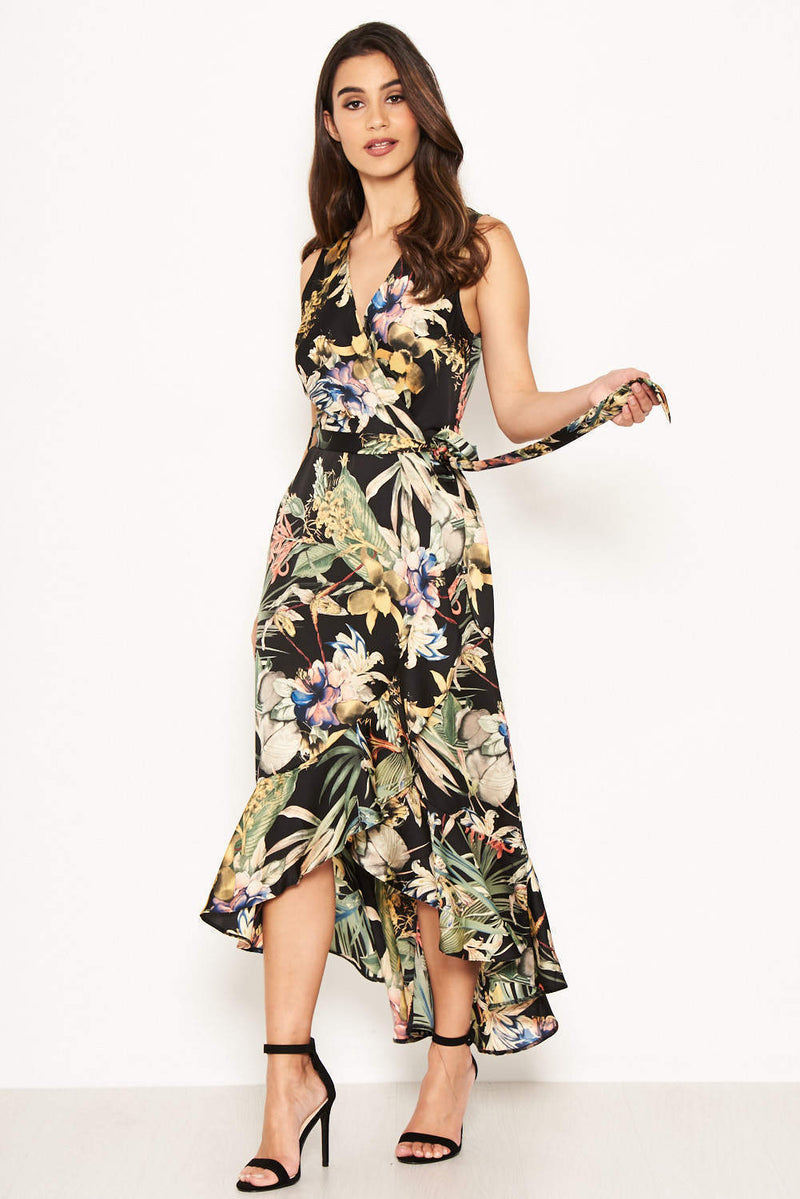 Black Floral Frill Maxi Dress