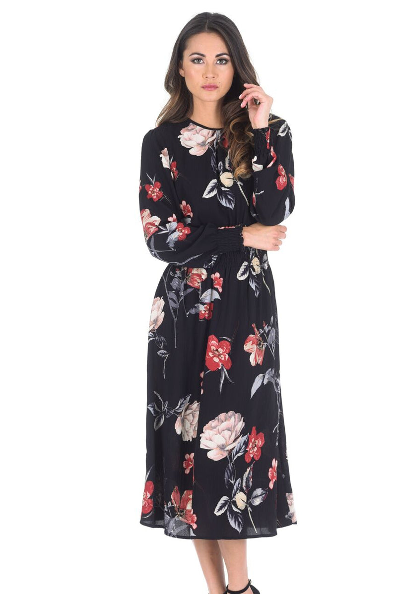 Black Floral Long Sleeve Elastic Waist Midi Dress