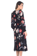 Black Floral Long Sleeve Elastic Waist Midi Dress