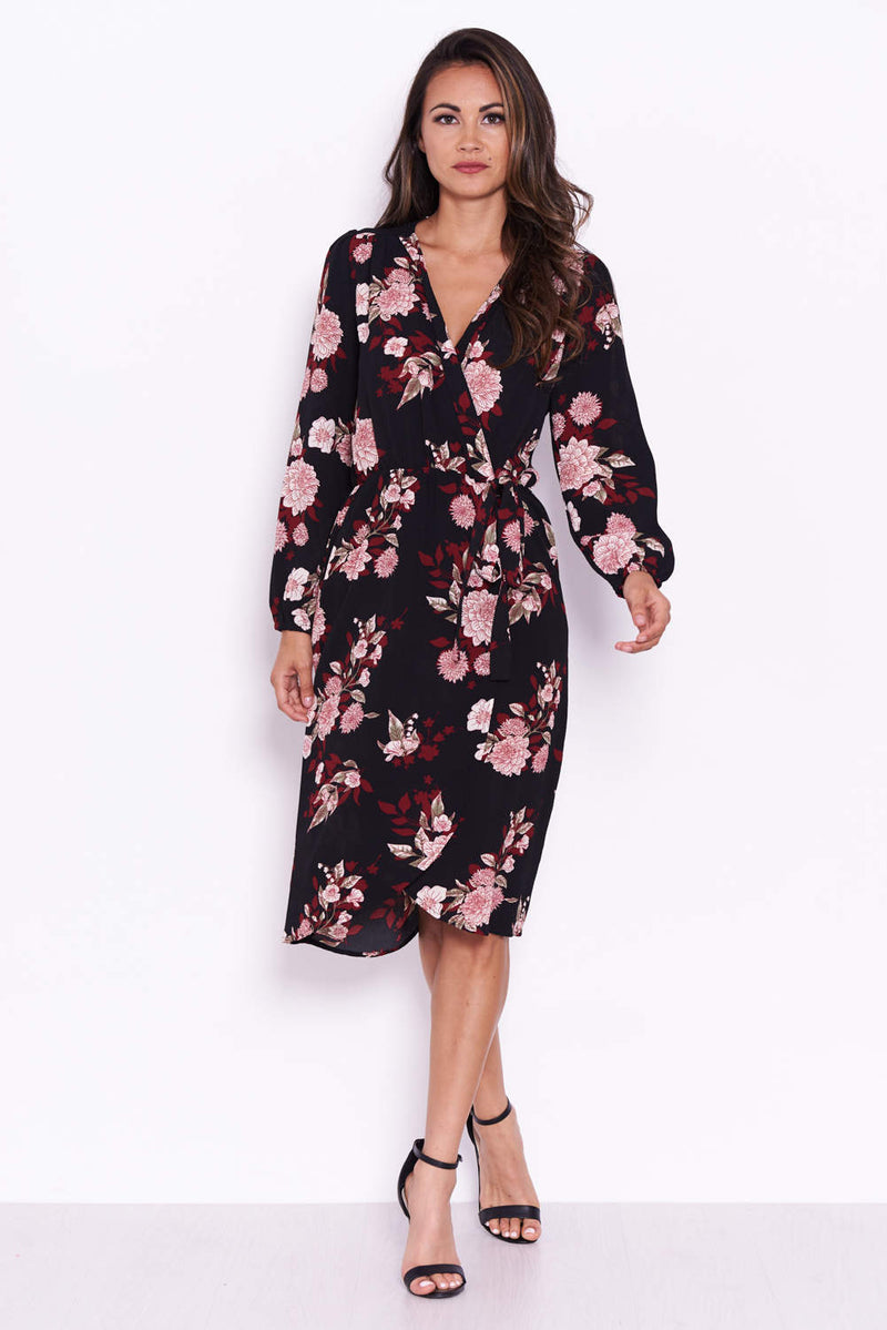 Black Floral Long Sleeve Wrap Dress