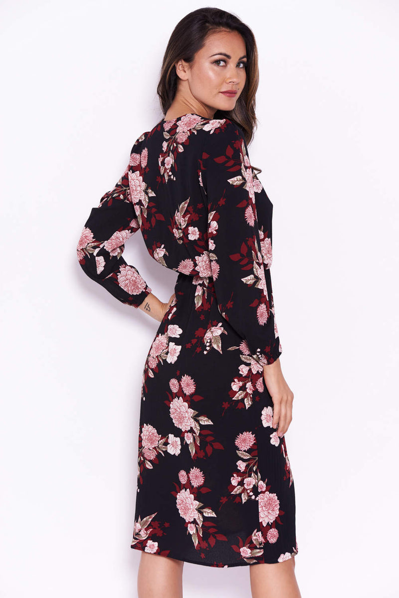 Black Floral Long Sleeve Wrap Dress