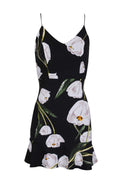 Black Floral Mid V Neck Frill Hem Dress