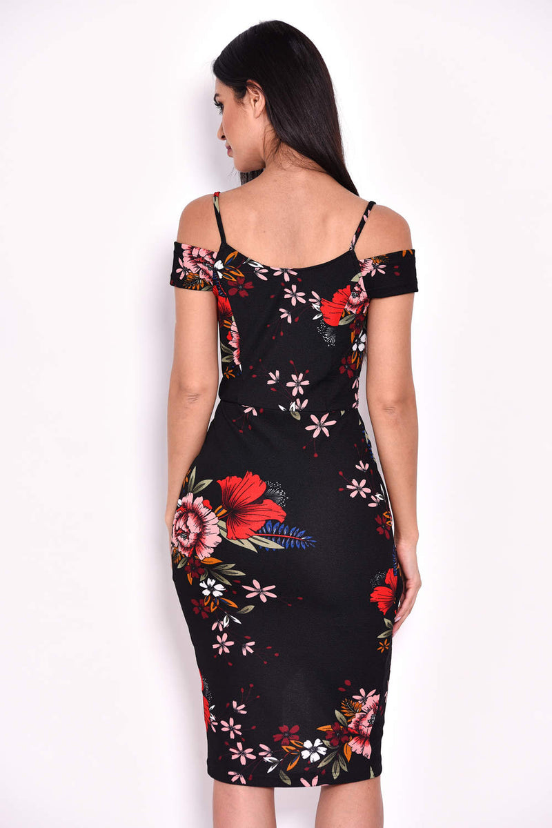 Black Floral Midi Wrap Dress