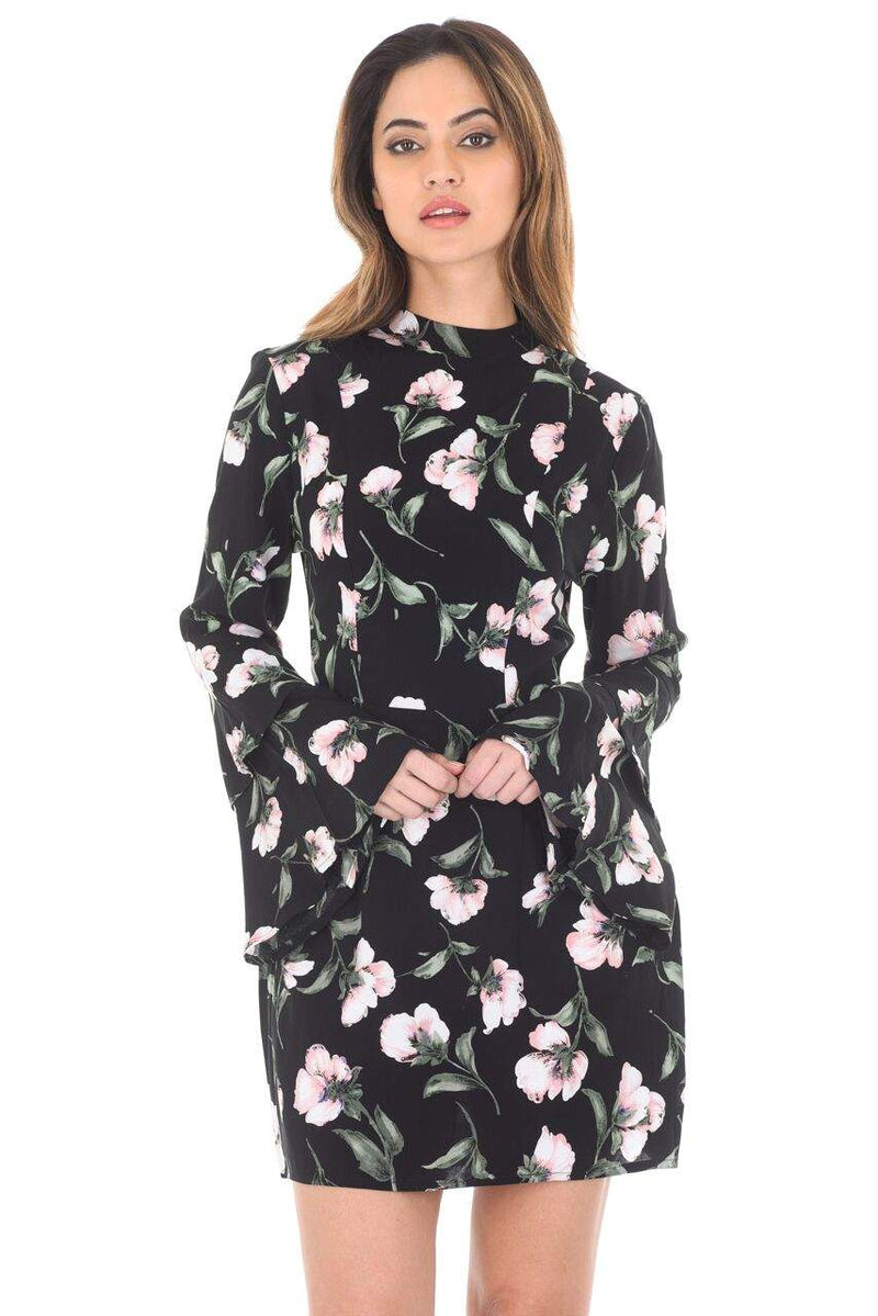 Black Floral Mini With Long Frill Bell Sleeves