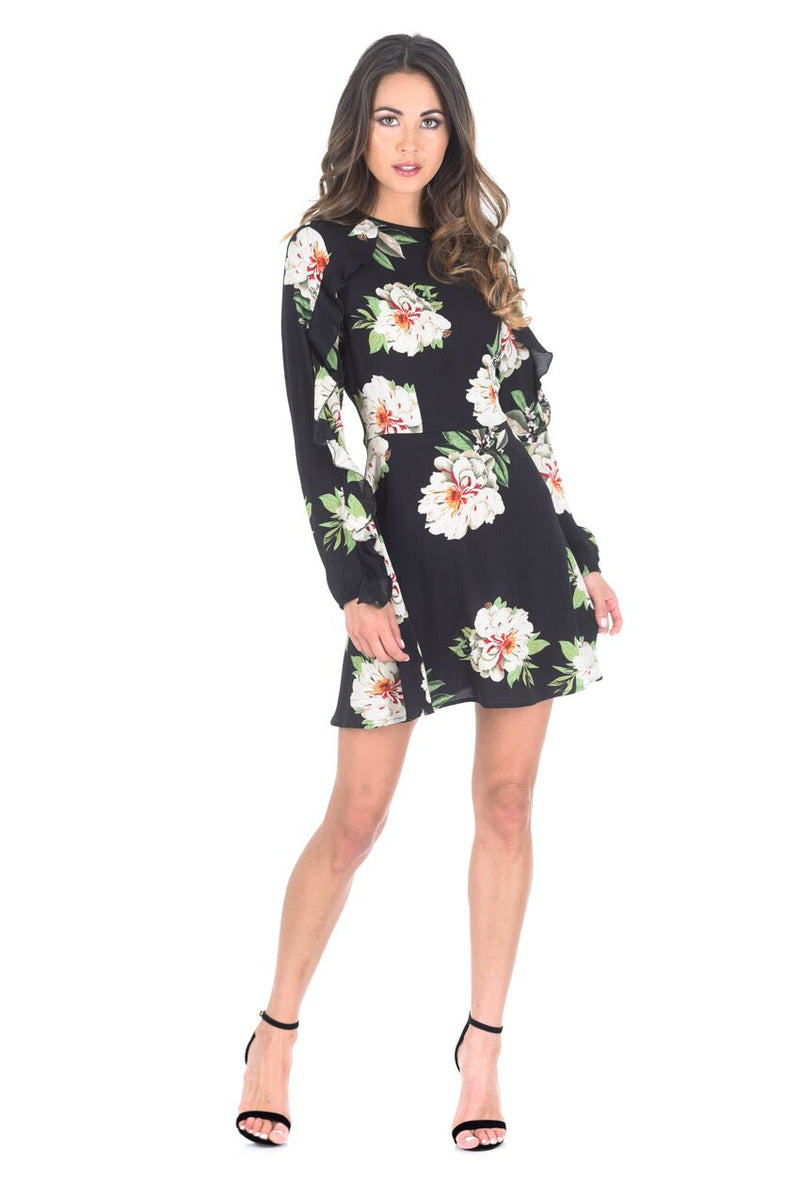 Black Floral Mini dress with Frill Trim – AX Paris