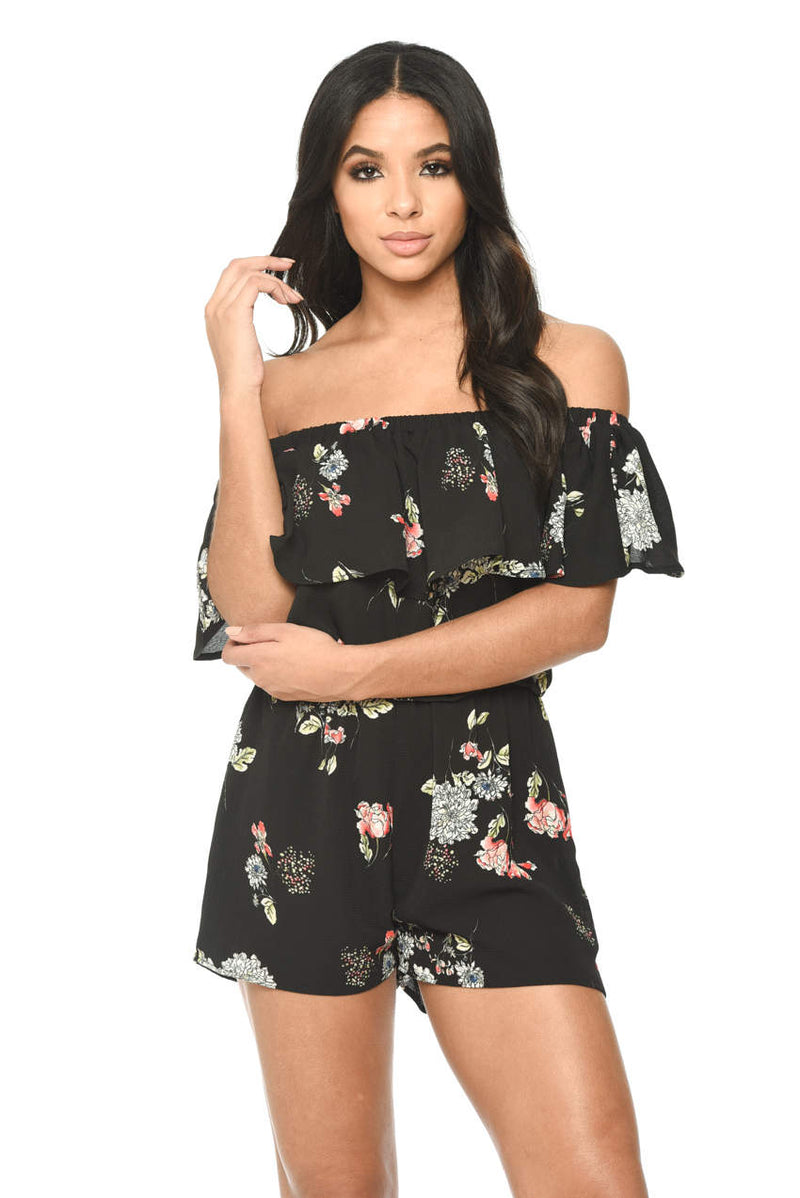 Black Floral Print Bardot Playsuit