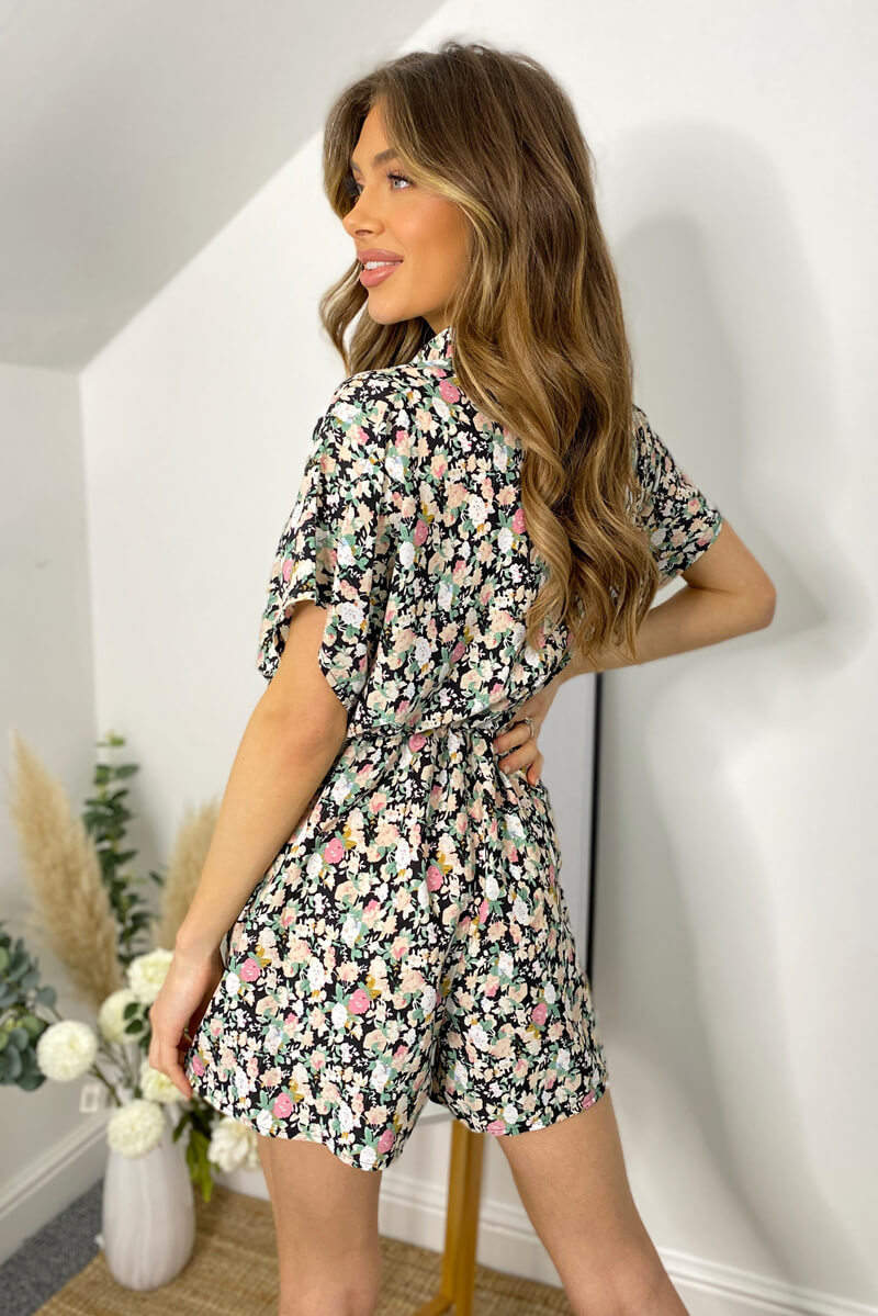 Black Floral Print Button Up Playsuit