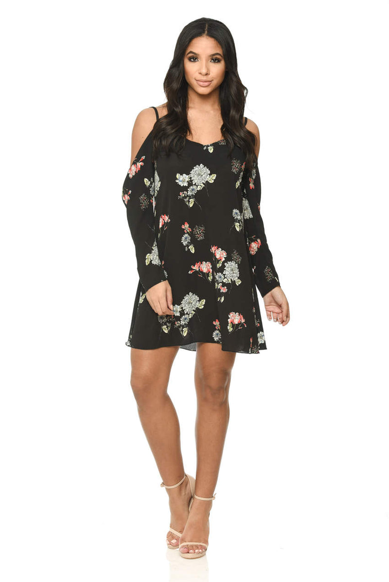 Black Floral Print Cold Shoulder Dress