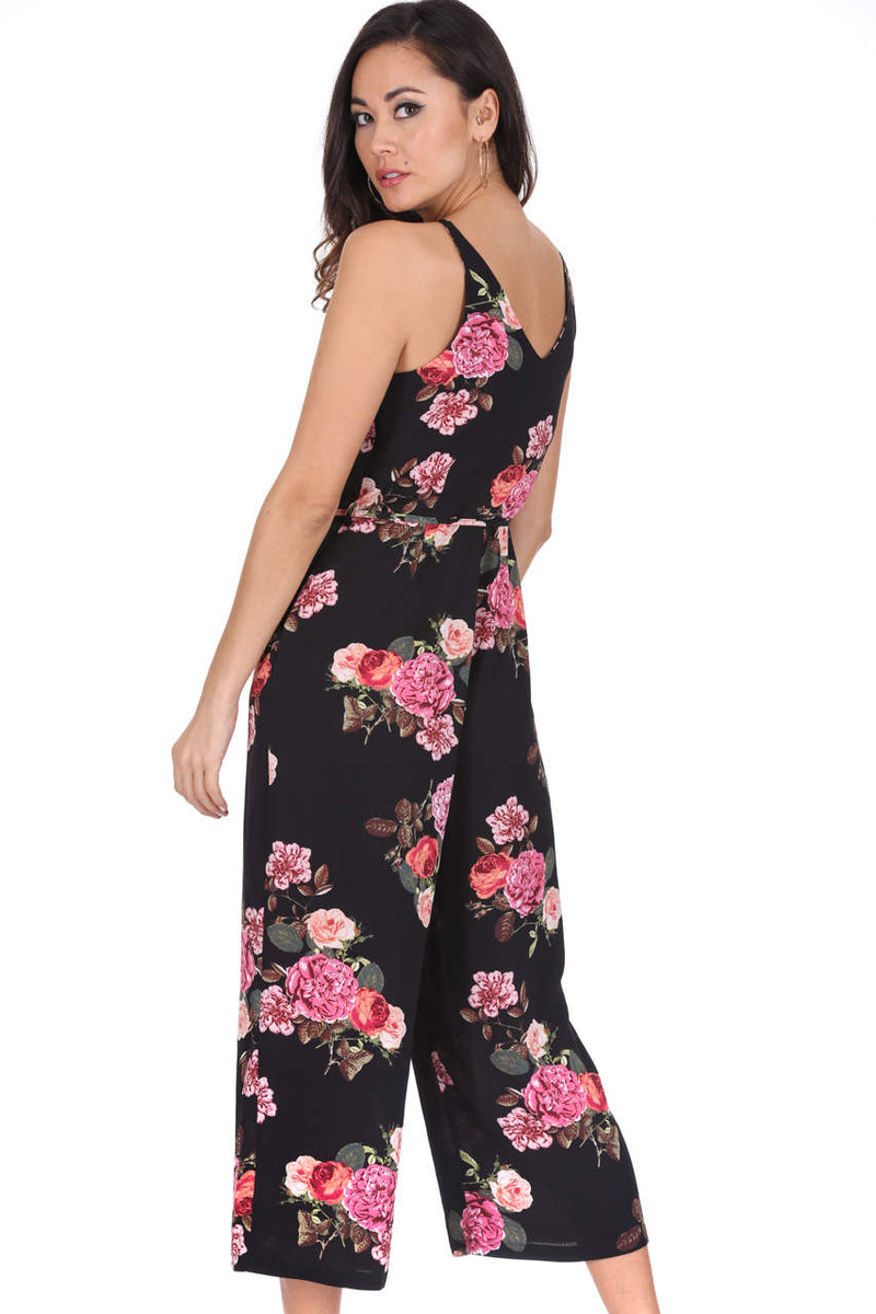 Black Floral Print Culotte Jumpsuit