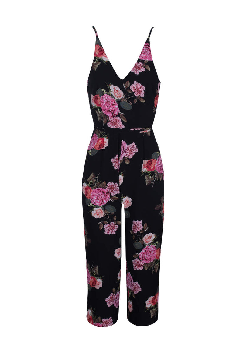 Black Floral Print Culotte Jumpsuit