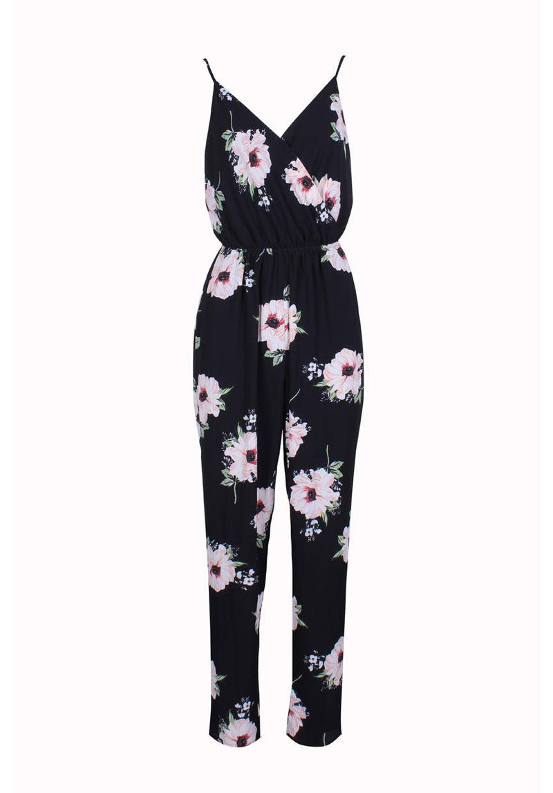 Black Floral Print Jumpsuit