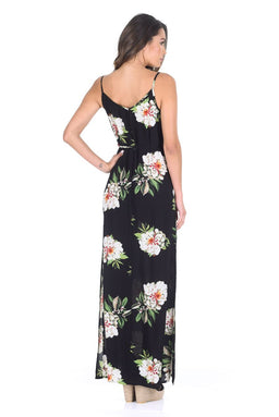 Black Floral Print Split Maxi Dress