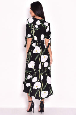 Black Floral Print Wrap Dress