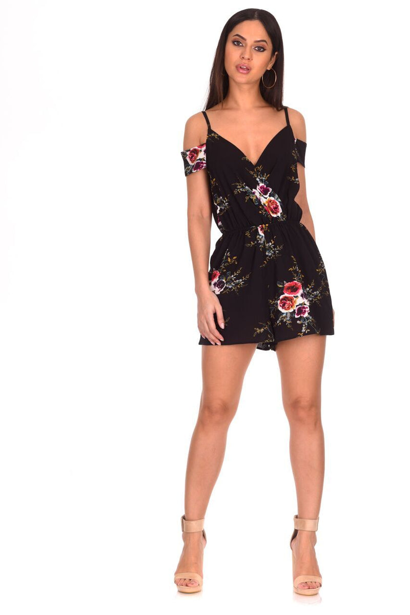 Black Floral Printed Cold Shoulder Playsuit