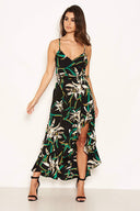 Black Floral Strappy Midi Dress with Side Split