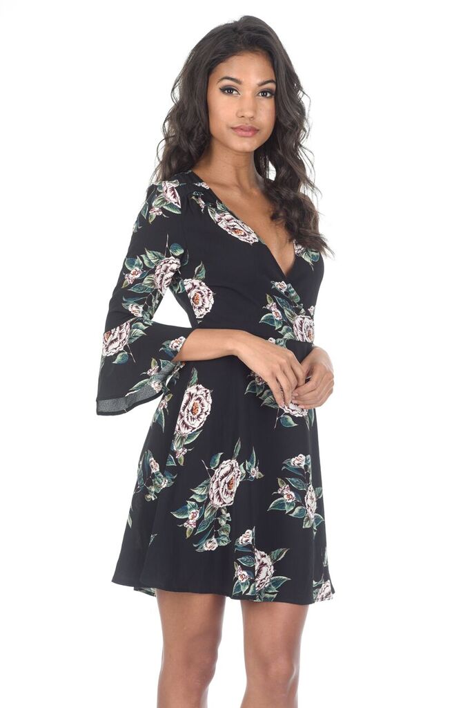 Black Floral V Neck Bell Sleeve Dress