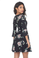 Black Floral V Neck Bell Sleeve Dress