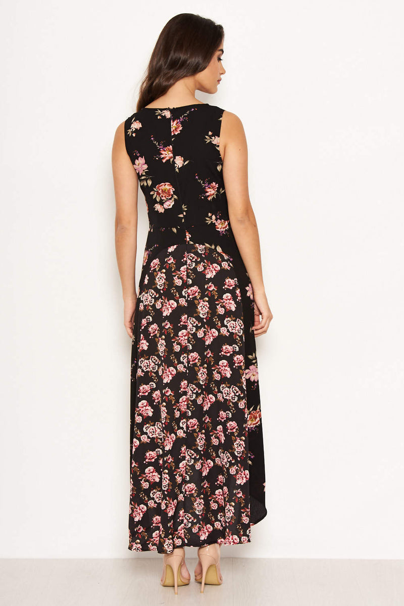 Black Floral V Neck Maxi Dress