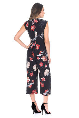 Black Floral Wrap Front Culotte Jumpsuit