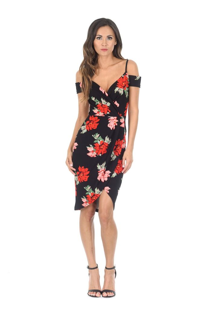 red floral cold shoulder dress Red Floral Print Wrap Around Dress | off the Shoulder Sleeves Dress| Black/ red Maxi Dress | Boho Summer Dress for Woman |romantic,bridesmaid