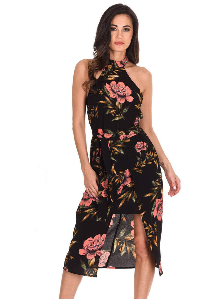 Black Floral Wrap Skirt Dress