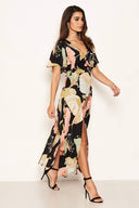 Black Gathered Waist Floral Split Maxi Dress