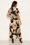 Black Gathered Waist Floral Split Maxi Dress