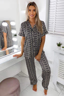 Black Geo Print Satin Long PJ Set