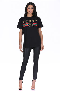 Black Glitter Guilty Slogan Top